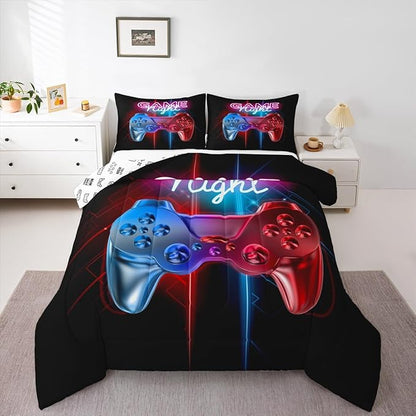 Boys Gaming Comforter Set Queen Size Teens Gamer Bedding Set Modern Blue Red Video Game Controller Comforter For Kids Children Youth Bedroom Decor Multi-Color Gamer Console Action Buttons Duvet Set