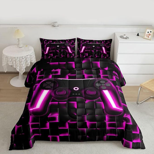 Erosebridal Video Game Comforter Set Queen Gaming Down Comforter Gaming Bedding Sets for Kids Boys Girls Teen,2 Pcs Black Purple Checkered Gamepad Bed Set Neon Lights Geometric Lightweight Quilt