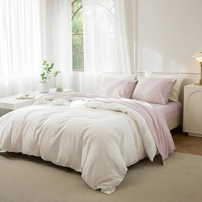 JIYUAN California King Size Sheet Set, 4-Piece - 100% Washed Cotton, Linen-Like Soft & Breathable, Includes Deep Pocket Fitted & Flat Sheet with 2 Pillowcases, Hotel Quality, Heathered Greyish Pink