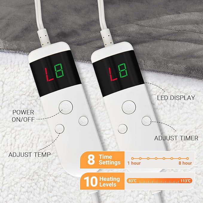 Electric Heated Blanket Throw Size 50''x60'' Soft Flannel & Sherpa Electric Blanket with 10 Heating Levels, Automatically Shut Down After 8h with Overheat Protection Machine Washable