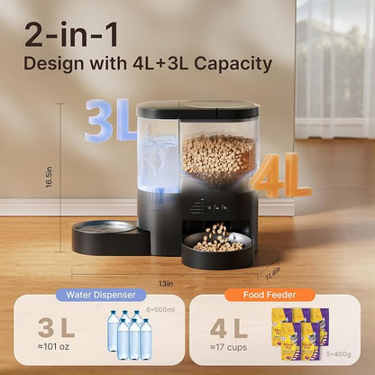Automatic Cat Feeder and Water, 2 in 1 WiFi Cat Food and Water Dispenser | 5G&2.4G App Remote Control,10s Voice Recording, 10 Meals 1-15 Portion Programmable, Dual Power,4+3L Capacity for Multiple Pet