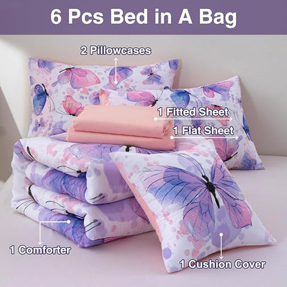 A Nice Night 6pcs Queen Bed in A Bag Watercolor Ink Wash Tie-Dye Butterfly Printed, Butterflies Flying Bedding Comforter Set, Purple