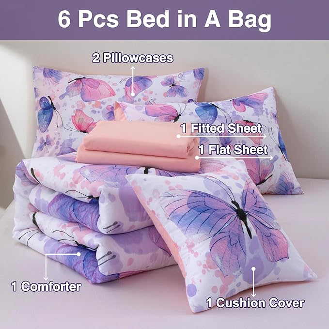 A Nice Night 6pcs Full Bed in A Bag Watercolor Ink Wash Tie-Dye Butterfly Printed, Butterflies Flying Bedding Comforter Set, Purple