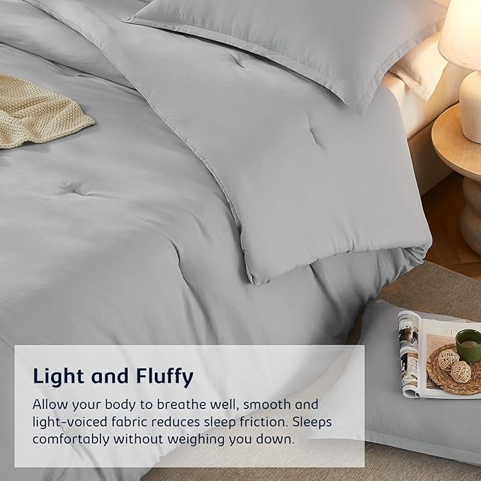 Queen Comforter Sets Lightgrey,3PCS Soft Lightweight Breathable Bedding Comforter Sets for All Season, Queen Size(90''×90'' Comforter & 2 Pillowcases)