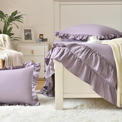 Cupocupa Purple Full Comforter Set, 3Pcs Ruffle Farmhouse Bedding Sets with Comforter & Pillowcases, Soft Shabby Chic Lightweight Fluffy Comforter Set for All Season Bedroom Decor (Purple, F)