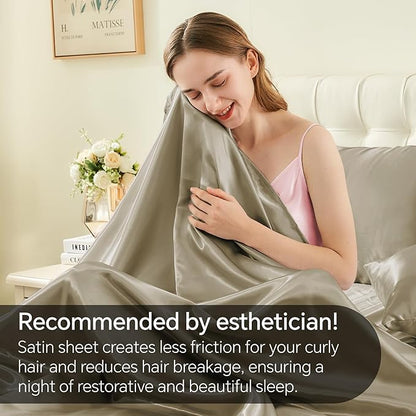 BEDELITE Satin Sheets Full Size Bed Set, Luxury Soft Taupe Silky Sheets for Hair and Skin, Similar to Silk Bed Sheets Set 4 Pieces with 1 Deep Pocket Fitted Sheet, 1 Flat Sheet, and 2 Pillowcases