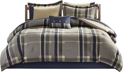 Intelligent Design Robbie 9-Piece Queen Comforter Set – Lightweight All-Season Plaid Bedding, Navy/Tan, Cozy Bed-in-a-Bag with Matching Shams & Decorative Pillow, Modern Casual Style