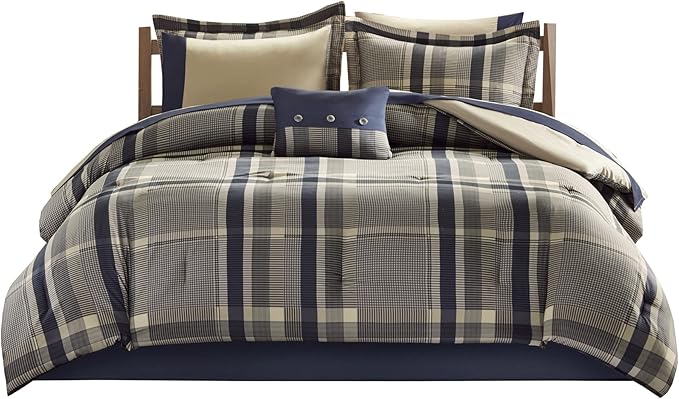 Intelligent Design Robbie 9-Piece Full Comforter Set – Lightweight All-Season Plaid Bedding, Navy/Tan, Cozy Bed-in-a-Bag with Matching Shams & Decorative Pillow, Modern Casual Style