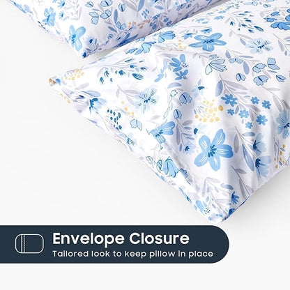 Wake In Cloud - Floral Pillow Cases, Botanical Flower Coquette Cottagecore Shabby Chic Aesthetic, Set of 2 Soft Pillowcases Pillow Shams Covers, Blue White, Standard Size 20x26 Inches