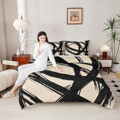 Erosebridal Black and Beige Striped King Bedding Set for Kids Teens Adults, Geometric Striped Comforter Set for Minimalists,Graffiti Aesthetic Lines Duvet Insert,Contemporary Boho Modern Art Quilt