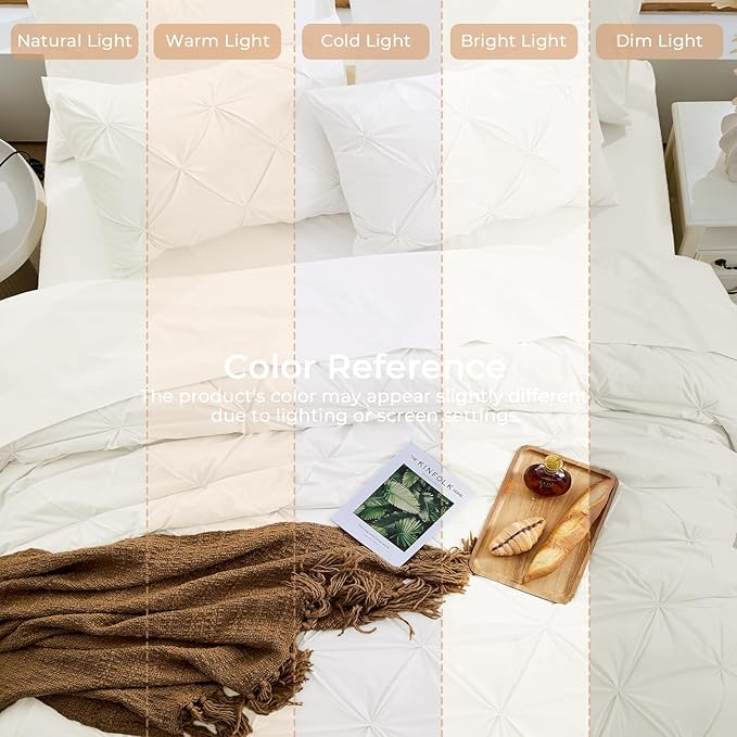 Sasttie Queen Comforter Set, 7-Piece Bed in a Bag, Pintuck Bedding Sets for All Season, Includes Comforter, Flat Sheet, Fitted Sheet, Pillowcases and Pillowshams, Ivory