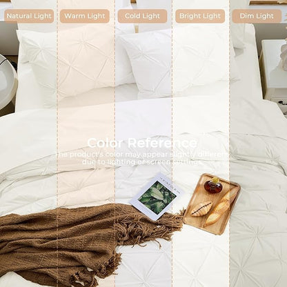 Sasttie Full Size Comforter Set, 7-Piece Bed in a Bag, Pintuck Bedding Set for All Season, Includes Comforter, Flat Sheet, Fitted Sheet, Pillowcases and Pillowshams, Ivory