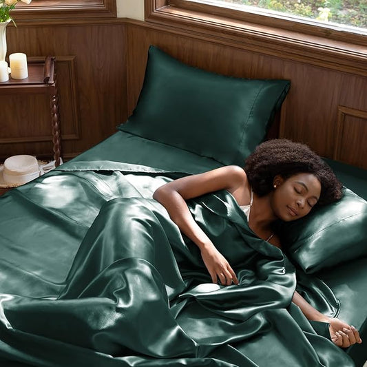 CozyLux Satin Sheets Queen Size Bed Set - 4 Piece Silky Queen Sheet Set, Luxury Deep Teal Queen Sheets with Smooth and Soft Microfiber, Includes 1 Fitted Sheet, 1 Flat Sheet and 2 Pillowcases