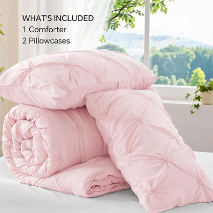 BEDELITE Baby Pink Comforter Set Full - 3 Peices Boho Pintuck Bedding Comforter Sets, Lightweight Soft & Warm Twin Bedding Sets with 2 Pillowcase for All Season