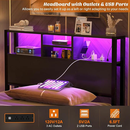Aheaplus Headboard for Twin Size Bed with Storage, Headboards with Outlets | Twin Size Head Board Only, with USB Ports and LED Light, Height Adjustable, Reversible, Sturdy and Stable Headboard, Black