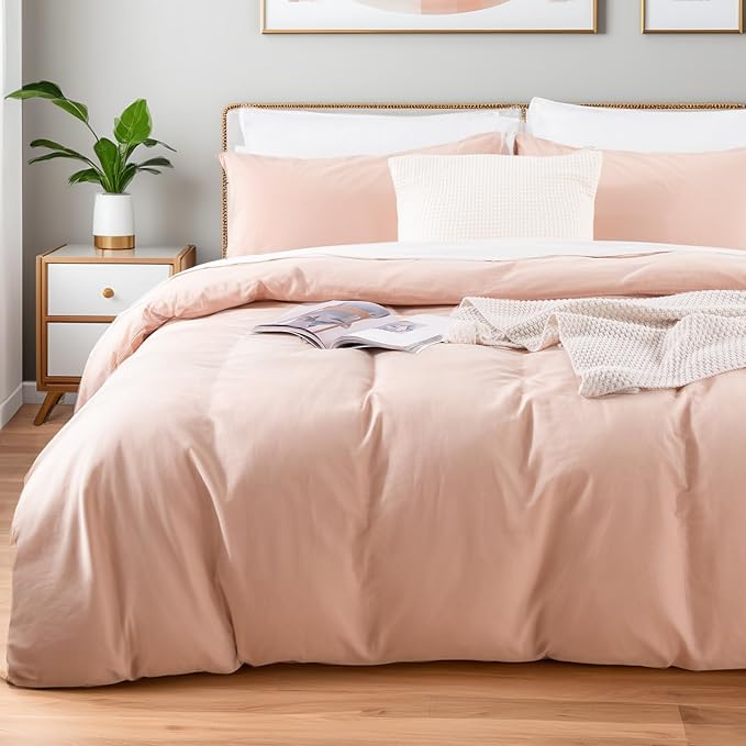 NEXHOME PRO 100% Washed Cotton Duvet Cover King Size, Linen Feel Textured Organic Natural Duvet Cover Set 3 Pieces Bedding with Zipper Closure, Breathable, Dusty Pink(No Comforter)