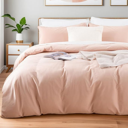 NEXHOME PRO Duvet Cover Set Queen Size Linen Feel Textured Organic Natural 100% Washed Cotton Duvet Cover 3 Pieces Bedding Set with Zipper Closure, Breathable Dusty Pink (No Comforter)