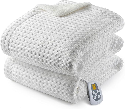 CAROMIO Heated Blanket Twin Size, Waffle Weave Electric Throw Blanket Fast Heating with LCD Controller, 10 Heat Levels & 1-12H Time Settings Auto Off, ETL Certified, Off White, 62" x 84"