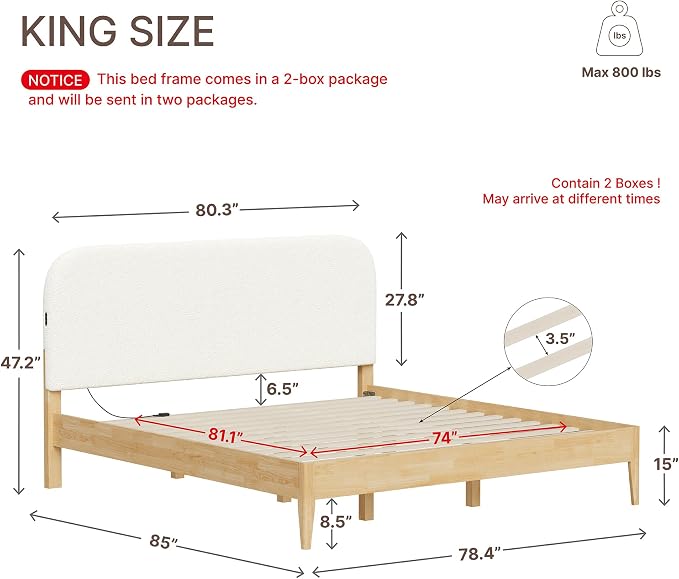KISLOT Wood Bed Frame with USB & Type-C, Boucle Headboard, Cream, King | Platform Bed, Mattress Foundation, No Box Spring Needed, Easy Assembly