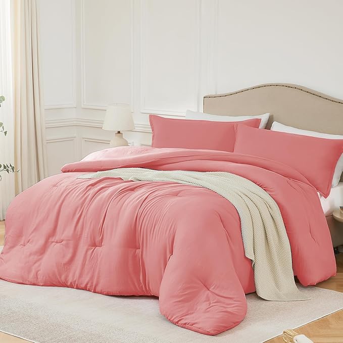 Full Size Comforter Set Peach Pink,3PCS Soft Lightweight Breathable Bedding Comforter for All Season, Full Size(82''×86'' Comforter & 2 Pillowcases)