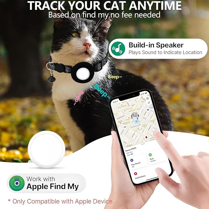 GPS Tracker for Cats, Mini GPS Pet Tracker with Collar, IPX68 Waterproof Cat Trackers Collar,No Monthly Fee,Work with Apple Find My(iOS Only),Smart Trackers for Pets-Black-1