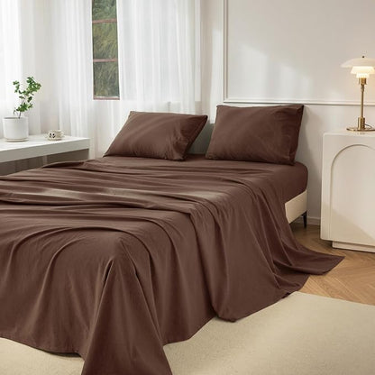 JIYUAN Twin Size Sheet Set, 3-Piece - 100% Washed Cotton, Linen-Like Soft & Breathable, Includes Deep Pocket Fitted & Flat Sheet with 1 Pillowcases, Hotel Quality, Solid Chocolate Brown