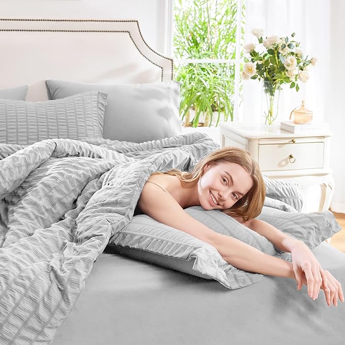 CozyLux Oversized Queen Comforter Set Light Grey Seersucker 7 Pieces 98x98 Bed in a Bag Comforter Set with Sheet, Luxury Bedding Set Down Alternative Comforter, Sheets, Pillowcases & Shams, Light Gray