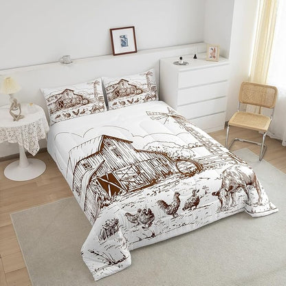 Windmill Comforter Set Full, Rustic Barn Farmhouse Bedding, Chick Cow Farm Animals Down Comforter, Hand Drawn Illustration Bedding Comforters, Countryside Rural Meadow Room Decor Duvet Set, Taupe