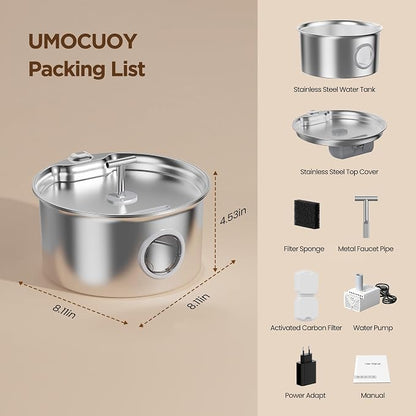 Cat Water Fountain Stainless Steel: Cat Fountain for Drinking with Filter - Pet Water Fountain for Cats Indoor - Automatic Pet Water Dispenser Bowl - 6 Carbon Filters & 3 Foam Filters
