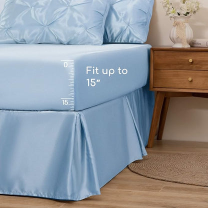 MR&HM Satin Comforter Twin 5 Pieces - Luxurious Pinch Pleat Bedding Set with Comforter, Flat Sheet, Fitted Sheet, Pillowcase & Sham, Super Silky Soft Bed Set for All Season (Twin, Light Blue)