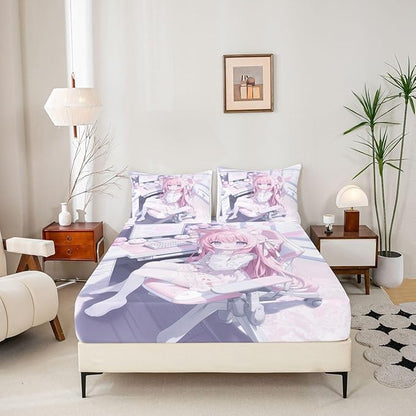 Erosebridal Kawaii E-Sports Girl Fitted Sheet Queen 3D Japanese Girl Bed Sheets for Boys Girls Girly Gaming Bed Set Anime Gifts for Her Sheets with 2 Pillowcases