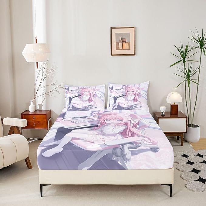Erosebridal Kawaii E-Sports Girl Fitted Sheet Full 3D Japanese Girl Bed Sheets for Boys Girls Girly Gaming Bed Set Anime Gifts for Her Sheets with 2 Pillowcases