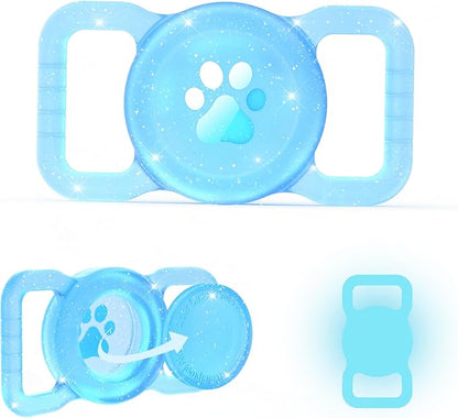 SANKALA Luminous Airtag Dog Collar Holder, Blue Glitter, 1 Pack | Glittery, Waterproof, Silicone Full Body Covered Anti-Lost Protective, Fits All Width Pet Collars, for Airtag 1st and 2nd