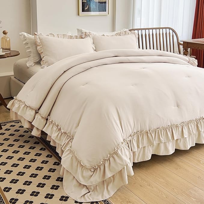 AIKASY Camel Ruffle Comforter Set King, 3 Pieces Vintage Ruffle Fringe Comforter, Farmhouse Rustic Microfiber Down Alternative Bedding (1 Comforter + 2 Pillow Shams)