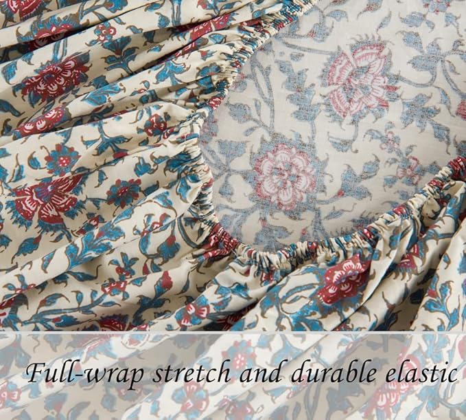 DAUAOTO 100% Cotton Full Size Sheets Set, Fit Mattress Up to 14" Deep, Printed Country Rustic Floral Pattern Bedlinen Sets