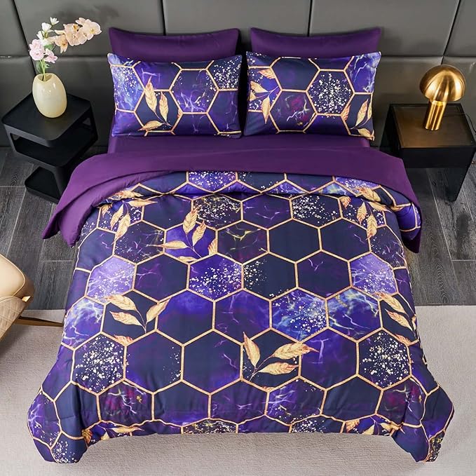 ANGIYUIN 7Pcs Mable Bed in A Bag Purple Gold Queen Comforter Set, 3D Geometric Honeycomb Theme Decor Yellow Leaf Bedding Set, Modern Foil Print Bed Sets with Comforter and Sheets (Purple Queen)