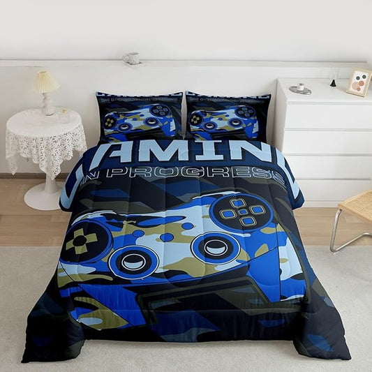 Boys Girls Gamepad Comforter Set Queen Size Teens Gamer Bedding Set Retro Blue Camouflage Video Game Controller Comforter For Kids Youth Bedroom Decor Gamer Console Action Buttons Duvet Set Microfiber