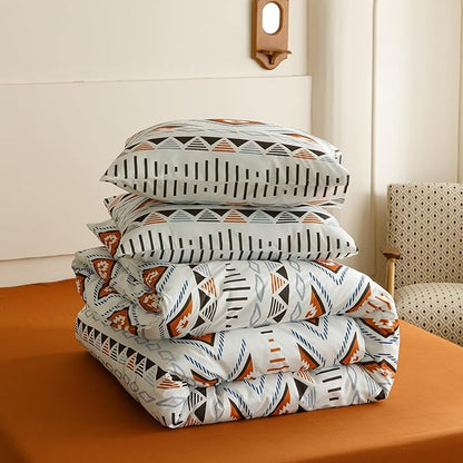 Houseri Orange and Brown Boho Comforter Set Queen Geometric Mocha Blue Diamonds Artistic Bedding Sets Queen Size Women Men Earth Tone Bohemian Triangle Farmhouse Retro Fashion Bed Quilt Blankets Queen