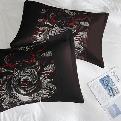 Comforter Set Twin Size, Tiger Dragon 5 Pcs Bedding for Kids and Adults, Black and Red Bed Sheet Sets with Fitted Sheet Pillowcase & Sham for Bedroom Bed Decor