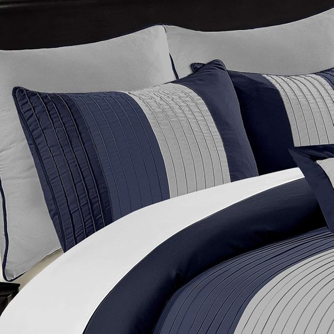 Chezmoi Collection Loft 8-Piece Luxury Striped Comforter Set (King, Navy/Gray/Blue)