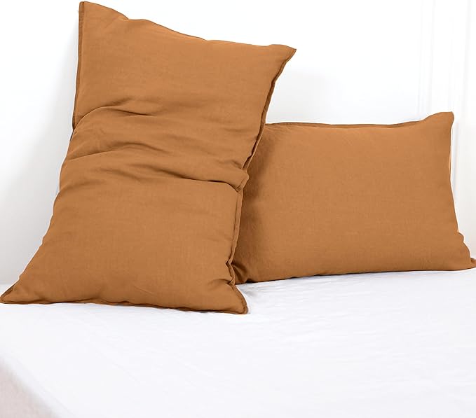 Simple&Opulence 100% Linen Pillowcases Basic Style Solid Color Set of 2, King Size Stone Washed Flax Pillow Cover Envelope Closure (20''x40'', Rust)