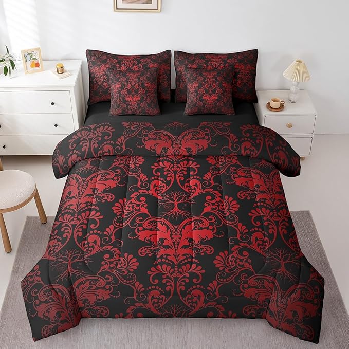 Erosebridal Gothic Damask 7 Piece Comforter Set Full Bed in a Bag,Sun Moon Tree of Life Bedding Sets Red Black Victorian Floral Goth Sheet Set with Comforter
