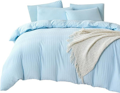Comforter King Set Light Blue Striped Soft Luxury Washed Microfiber Jacquard 3 Pieces Bedding, Blue Vertical Ticking Stripes Pattern Comforter with 2 Pillowcases Breathable Durable Comfy