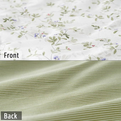 Botanical Cotton Comforter Queen Size - Tender Green Comforter Printed with Leafy Branches & Purple Stamens on Off-White,Reversible Lightweight Bedding Sets 3Pcs