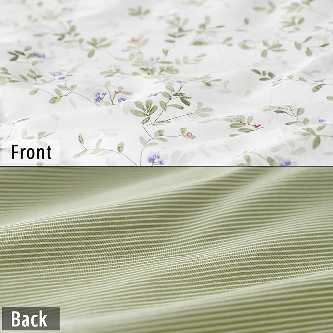 Botanical Cotton Comforter King Size - Tender Green Comforter Printed with Leafy Branches & Purple Stamens on Off-White,Reversible Lightweight Bedding Sets 3Pcs