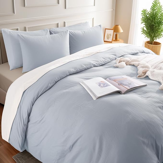 NEXHOME PRO King Duvet Cover Set, 100% Washed Cotton with Linen-Like Texture, Natural Organic, Breathable & Comfortable, Includes Home Bedding Set Cornflower Blue (No Comforter) 10490