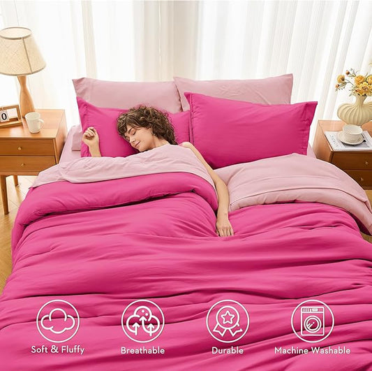MUXHOMO 7 Pieces Queen Comforter Set, Soft Bed in a Bag Queen Size, All Season Bedding Set with Comforter, Flat Sheet, Fitted Sheet, Pillowcases & Shams, Hot Pink & Baby Pink