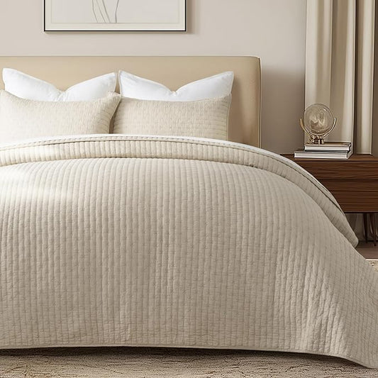 EVERGRACE Cross Stitch Pre-Washed Cotton Quilt Bedding Set Queen Size, Oversized 3 Pieces Lightweight Bedspread Coverlet for All Season, with 2 Matching Shams, Flax Beige, 92"x96"