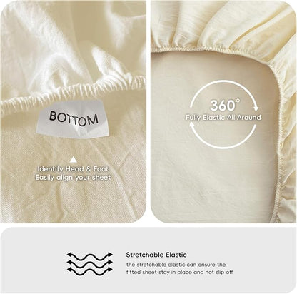 MooMee Fitted Bottom Sheet Only 100% Washed Cotton Linen Like Textured Breathable Durable Soft Comfy Deep Pocket Fits Mattress up to 17" (Cream White, Twin)