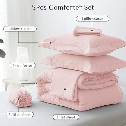 JOLLYVOGUE Twin Comforter Set, Ultra-Soft Bed in a Bag Twin Size 5 Pieces, Oeko-TEX Certified Bedding Set with Down Alternative Comforter, Sheets, Pillowcases & Shams, Blush Pink